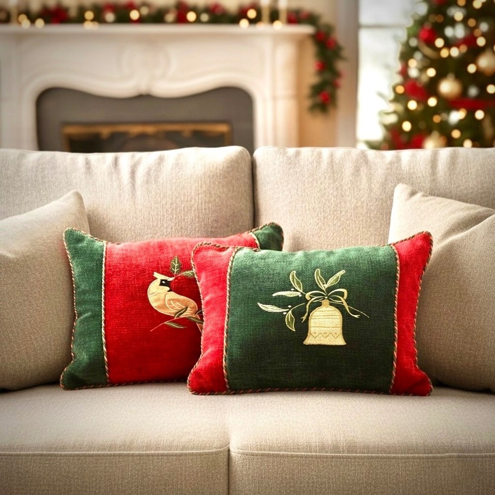 Christmas Chenille Embroidered Pillows Set of 2 Red Green Cardinal‎ Bell 15x11